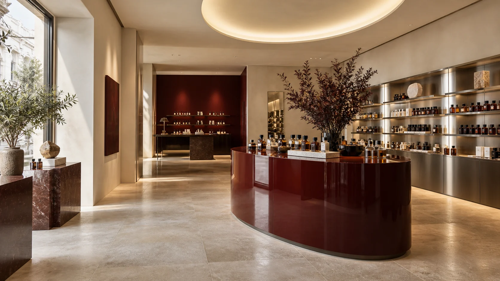 Fragrance store interior with a glossy oxblood-red oval counter and pale stone floor