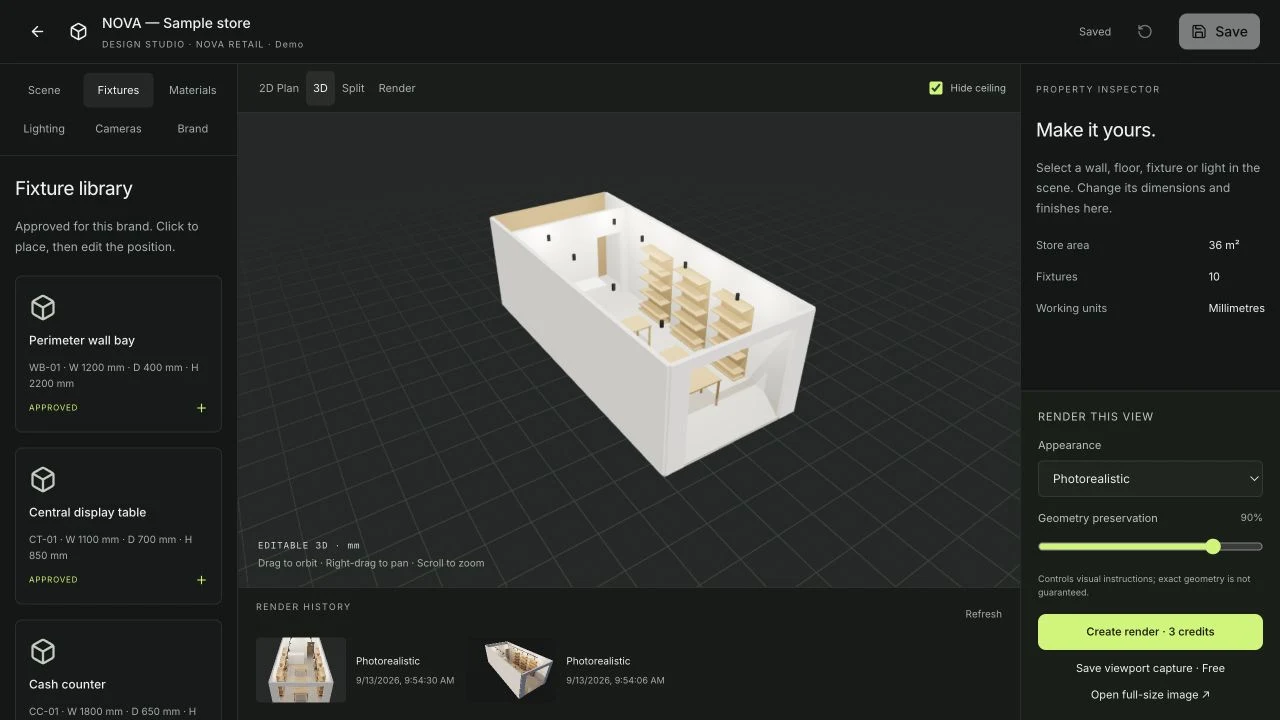 Design Studio showing a sample 36 square metre store in 3D, with a fixture library on the left and a property inspector on the right