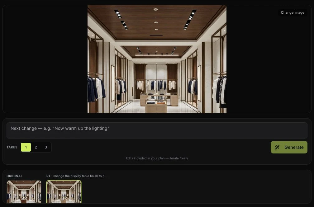 Completed Fix Render take showing pale oak display tables with original and edited thumbnails in history