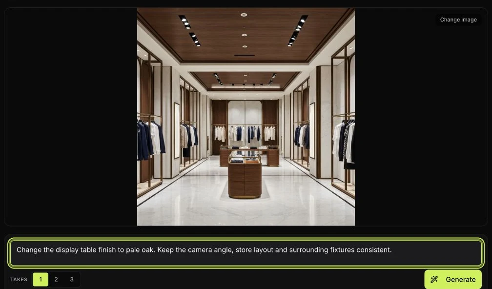 Fix Render with the sample boutique image and the pale oak edit request entered