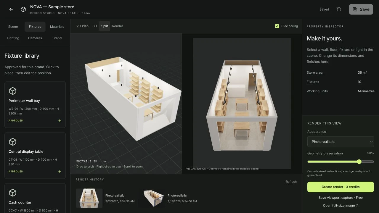 Design Studio in side-by-side view with the editable 3D scene on the left and a photoreal render of the same store on the right