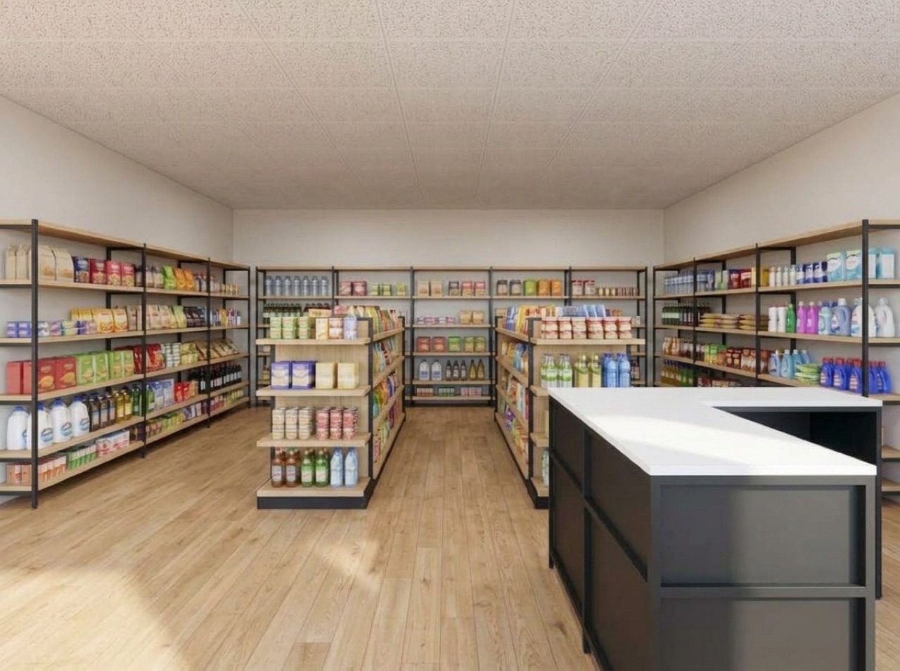 The same store with light oak shelving boards on the black frames