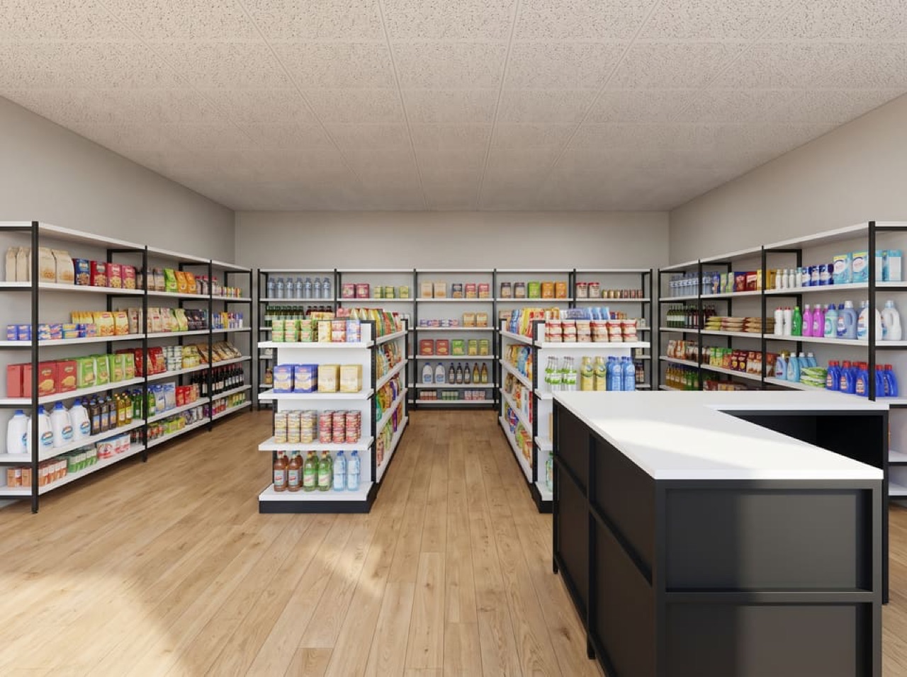 Convenience store render with white shelving boards on black frames, a light wood floor and a dark counter