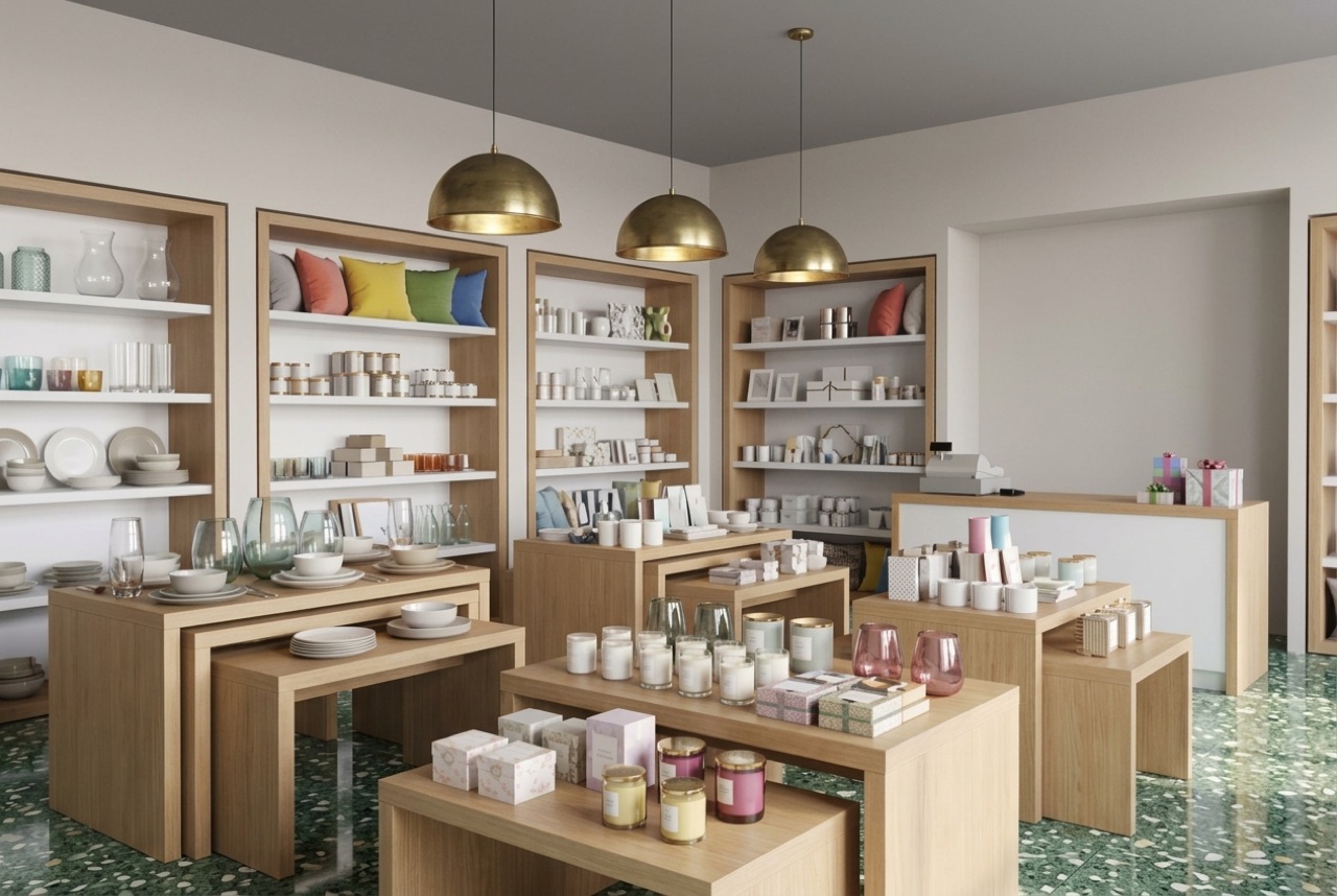 Homeware store with oak display tables, white shelving in oak frames, three brass dome pendant lights and a polished green terrazzo floor