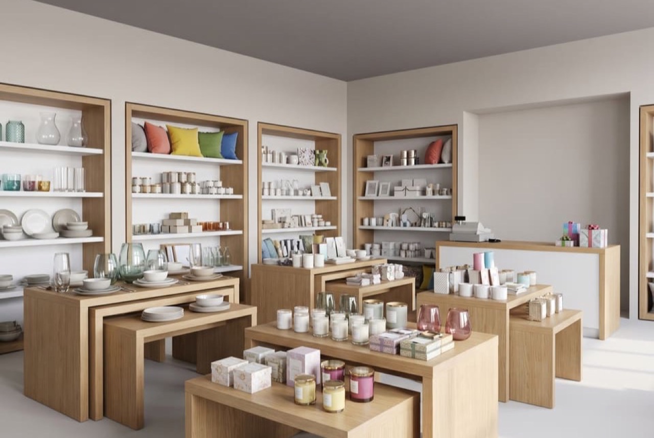 Homeware store render with oak display tables, white shelving in oak frames, a light grey floor and no pendant lights
