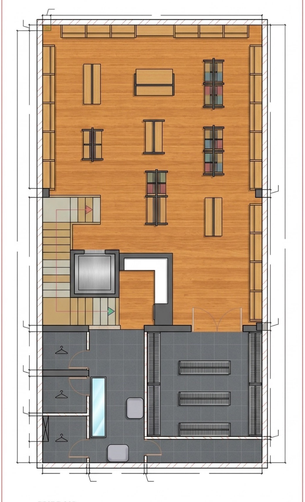 The same plan in colour, with a timber floor in the sales area, outline fixtures, and grey-tiled rooms with fitting room hangers at the bottom