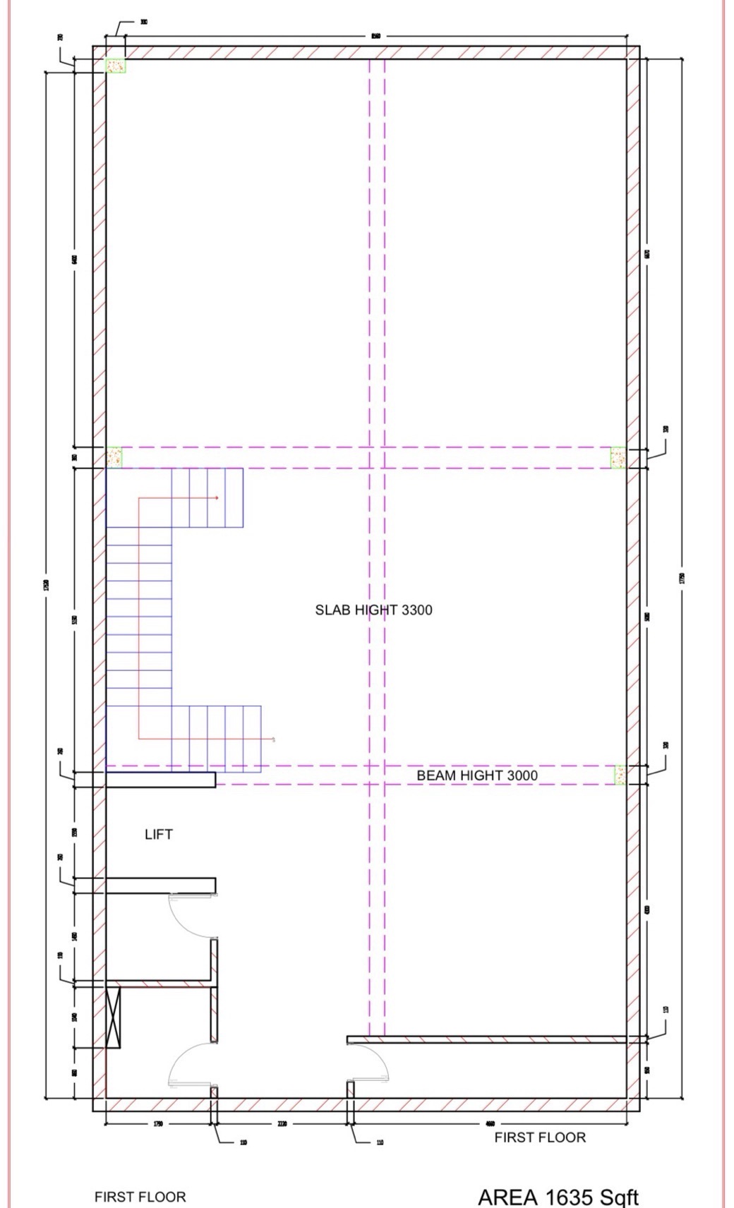Black-and-white CAD plan of a rectangular first floor with stairs, a lift, columns and dimension lines
