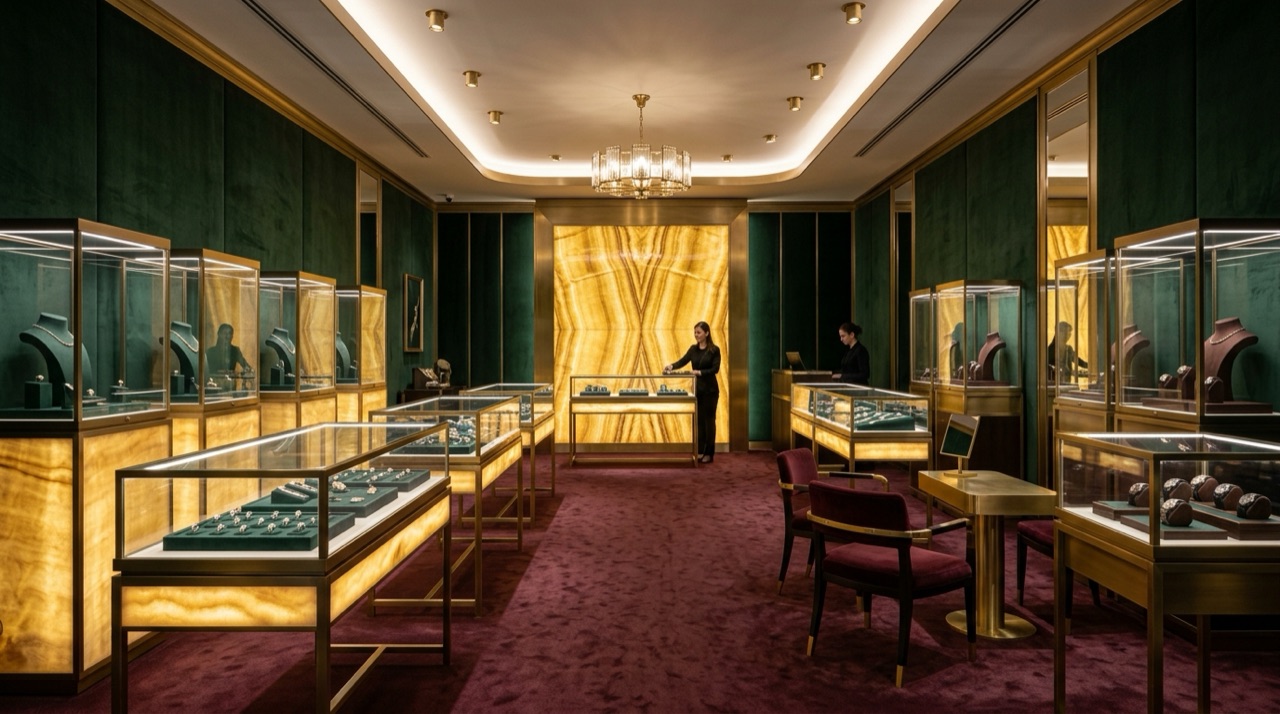 Luxury jewellery boutique with dark green velvet walls, backlit onyx display counters, glass showcases with brass frames, a crystal chandelier and a deep burgundy carpet