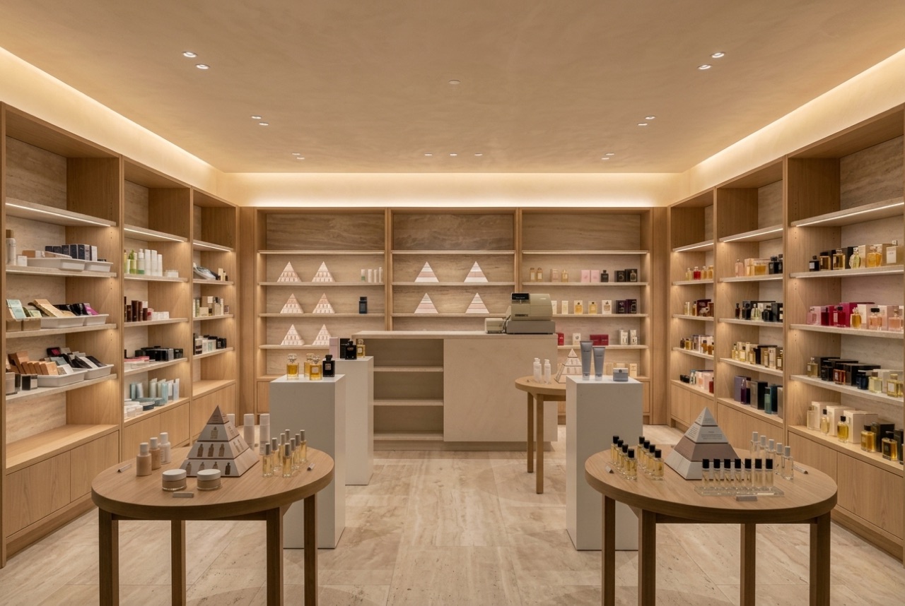 Calm premium beauty store with light oak wall bays, warm cove lighting, a travertine floor, round oak tables with pyramid displays and a stone cash counter