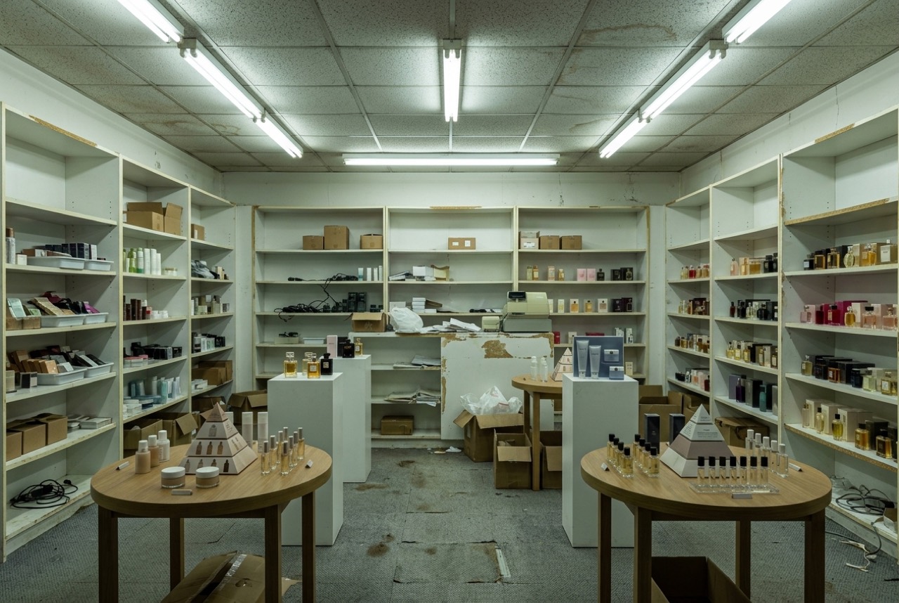 Run-down shop with stained ceiling tiles and strip lights, white shelving with cardboard boxes, a peeling counter, a grey worn floor and two round tables of perfume