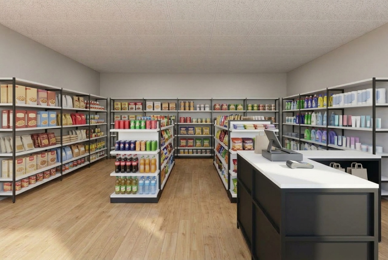 The same store with its shelves and gondolas stocked with generic packaged food, drinks and household products