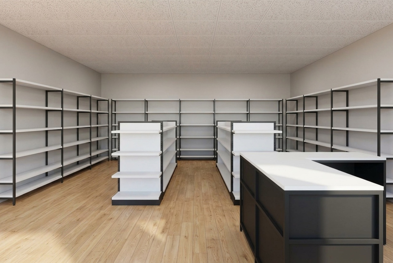 Render of an empty store with bare white shelving, central gondolas, a light wood floor and a dark counter