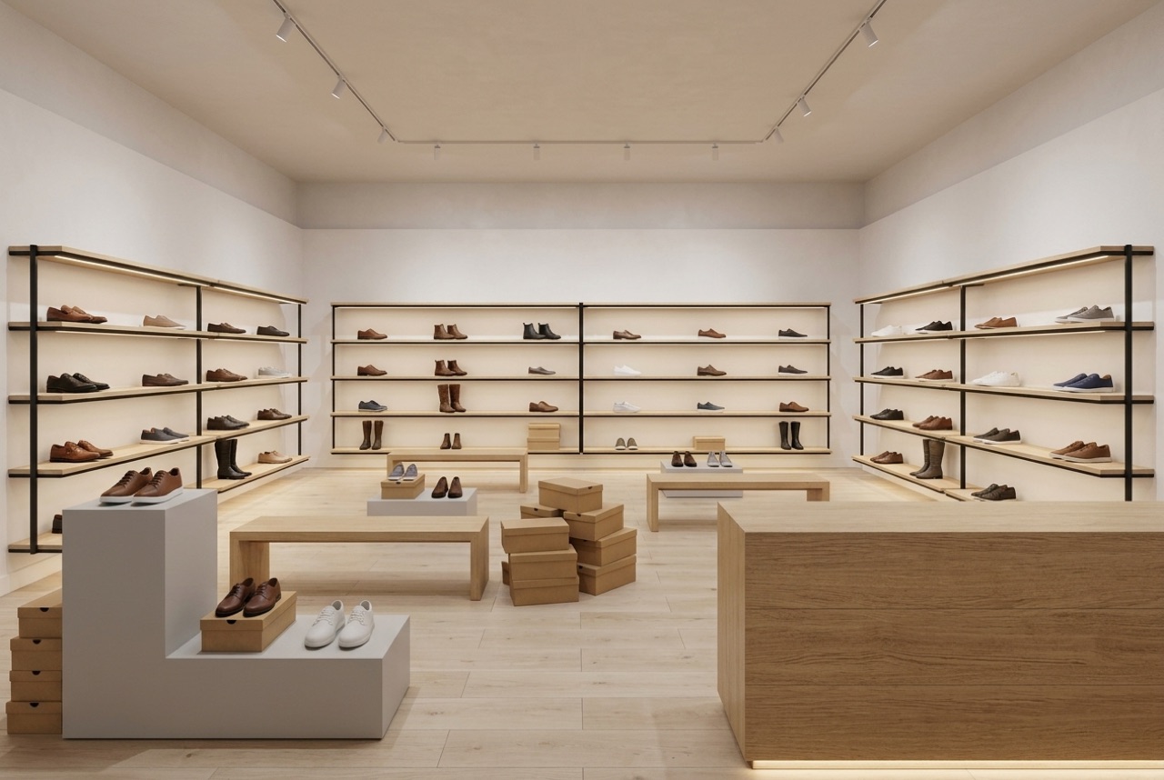 Photoreal render of the same footwear store with light oak benches, black-framed shelving and track lighting