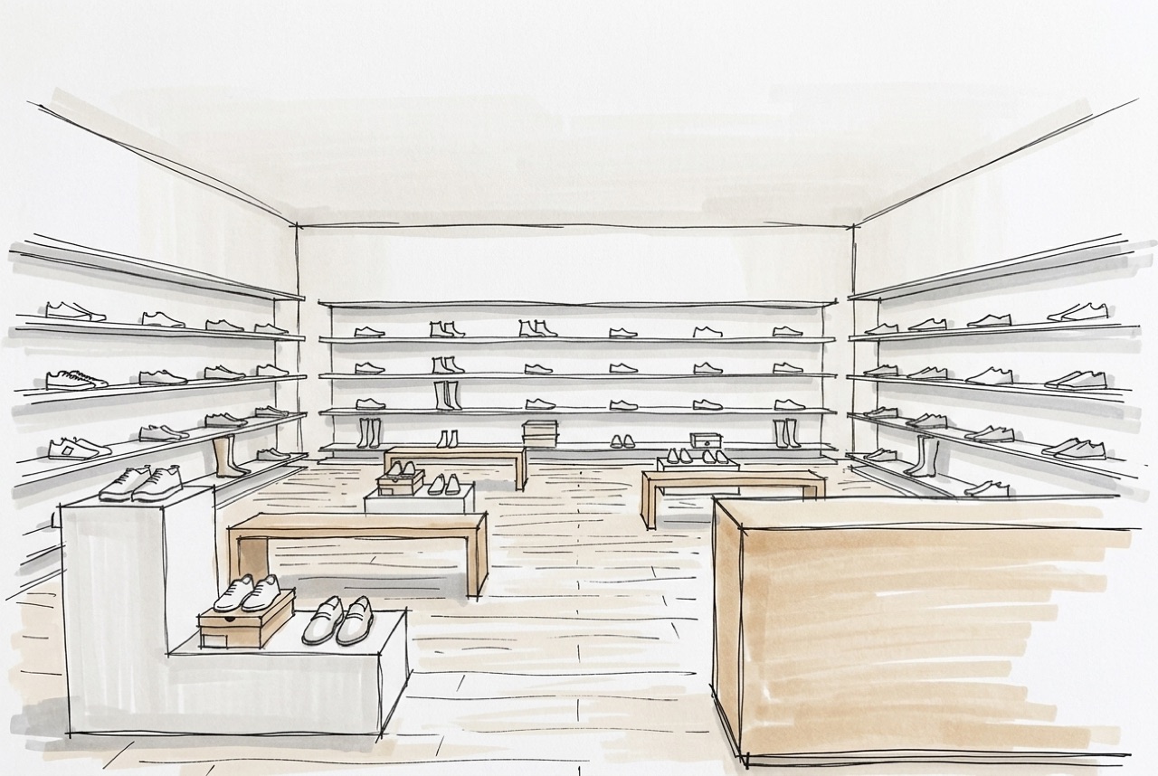 Hand-drawn marker sketch of a footwear store with shelving on three walls, wooden benches, a stepped plinth and a counter