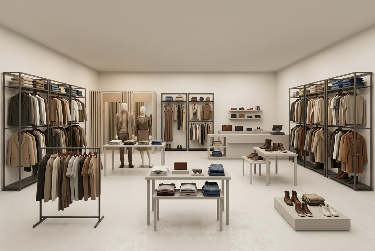 Photoreal fashion store with dark steel wall bays of tonal knitwear, two mannequins on a front table, folded denim on display tables and a plinth of boots