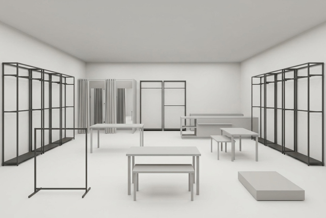 Untextured grey clay 3D model view of a store with steel wall bays, display tables, a rail, a plinth, a counter and fitting-room curtains