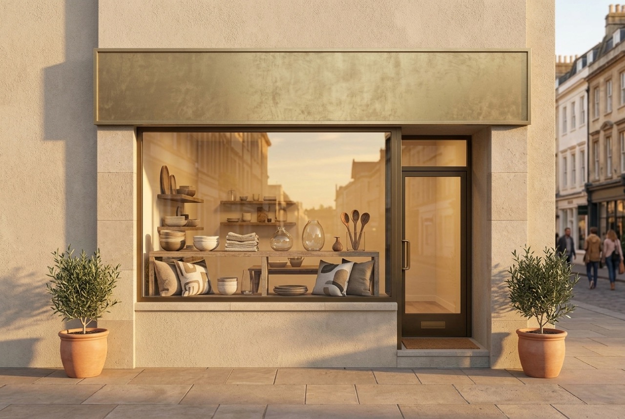 Photoreal homeware shopfront on a high street at golden hour, with a blank bronze fascia, a large window of ceramics and linen, a glazed door and two potted olive trees