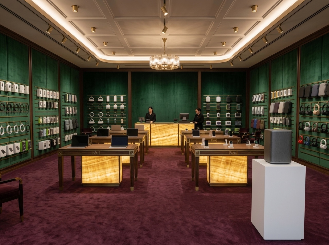 Result: the electronics store with green velvet walls, backlit onyx table bases, burgundy carpet and a coffered ceiling
